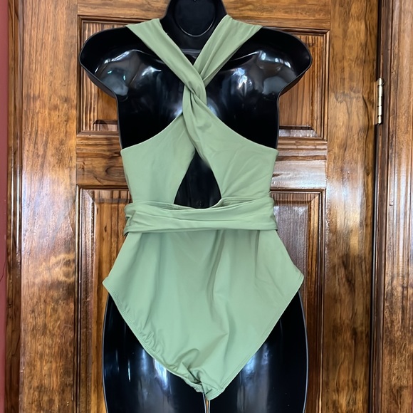 Olive Green High Thigh One Piece Swimsuit - Picture 3 of 5